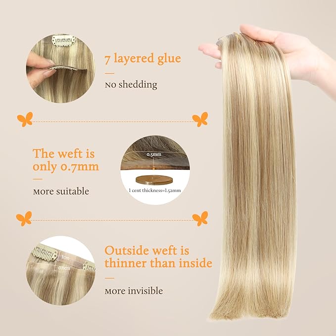 DOORES Human Hair Extensions Seamless Clip in, Light Blonde Highlighted Golden Blonde 150g 7pcs 20 Inch, Virgin Human Hair Clip in Extensions