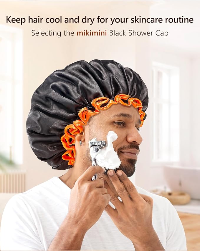 mikimini Extra Large Black Shower Caps Pack of 2 for Women and Men Thick Long Hair Braids, Reusable Waterproof Double Layers XL Bathing Hair Cap with Vibrant Orange Edge (Black)