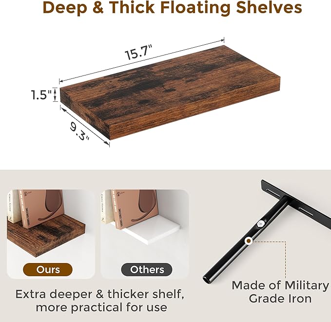 Fun Memories 16 Floating Shelves, 9 Inch Deep Wall Shelf for Bathroom, Rustic 16 x 9 Floating Shelf for Kitchen, Bedroom, Wide Wooden Shelves Wall-Mounted, Rustic Brown Color, Set of 2