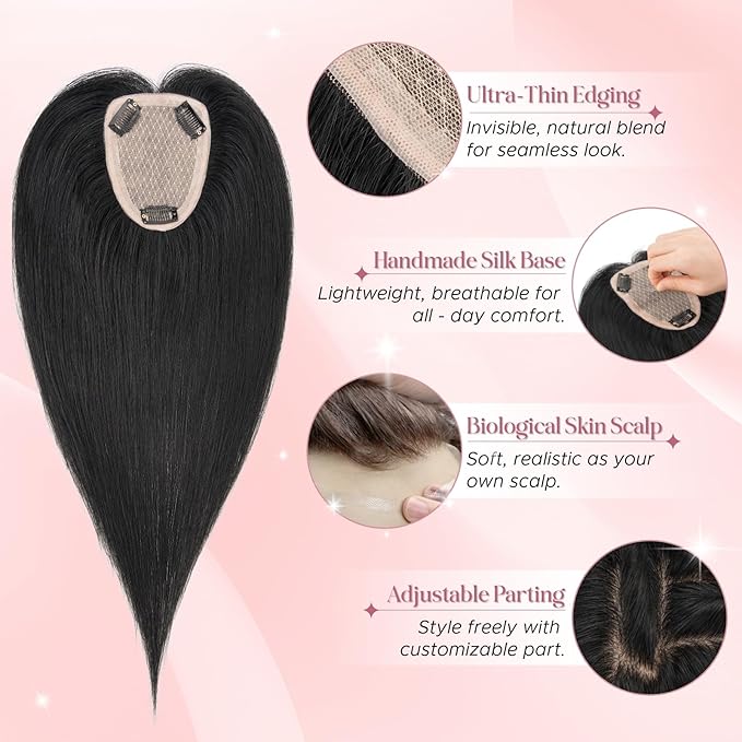 Real Human Hair Toppers for Women 3.54"*4.72" Silky Base 150% Density No Bangs Adjustable Parting Clip-In Topper Hairpieces for Women with Thinning Hair 10 Inches Dark Black