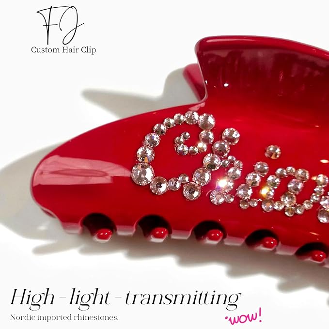 Personalized Colorful Name Hair Claw Clips for Women,Custom Hair Clips with Diamond,Cute Hair Accessories 4",Handmade Rhinestones Hair Clamp Gifts for Mom,Bride,Wife,Bridesmaid,Couples（Red）