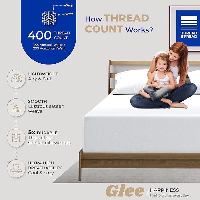 THREAD SPREAD 100% Cotton King Size Pillow Cases Set of 2-400 Thread Count Pillow Cases King Size Set of 2 (White), Luxuriously Soft Hotel Quality Sateen Weave Pillowcases, Crisp & Cool