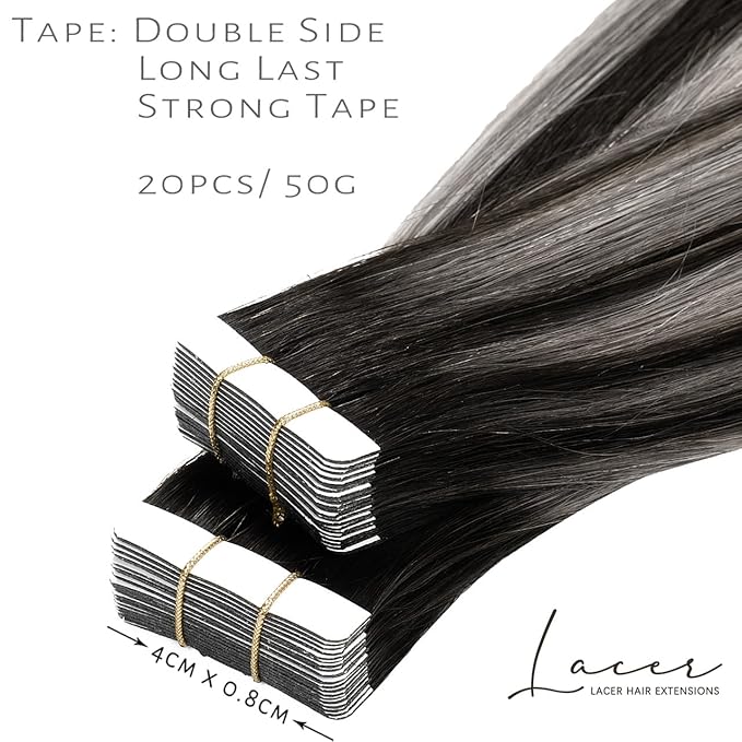 Lacer Grey Tape in Hair Extensions 18 Inch Natural Black to Silver Highlights Tape in Extensions with Natural Black Roots Color 20pcs/50g