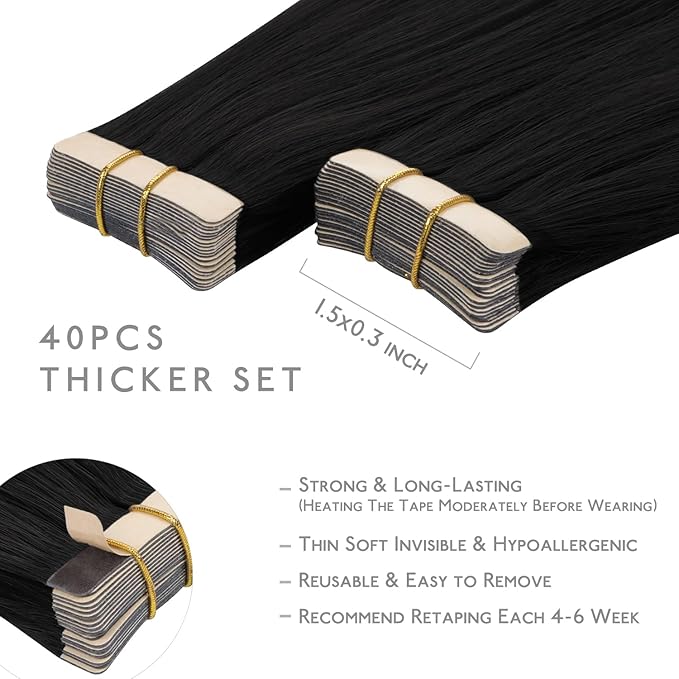WENNALIFE Tape in Hair Extensions Human Hair, 40pcs 100g 24 inch Jet Black Hair Extensions Real Human Hair Straight Tape in Extensions Invisible Human Hair Extensions Reusable Real Hair Extensions