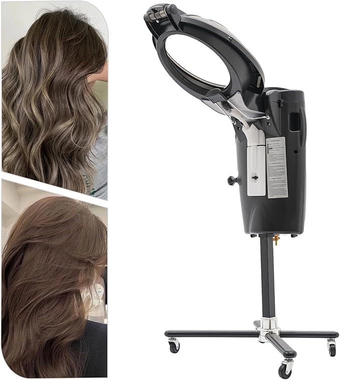 Hair Steamer Professional Hair Salon Steamer with 12 Color Light & Ozone，Adjustable Height Hair Steamer with Wheels (Black)