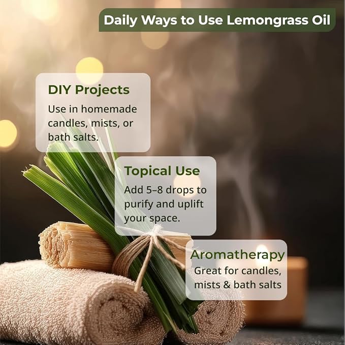 Lemongrass Essential Oil – Pure and Natural with a Bright, Citrus-Fresh Aroma for Diffusers, Aromatherapy, Hair and Skin Care, Soap and Candle Making – with Dropper, 4 oz