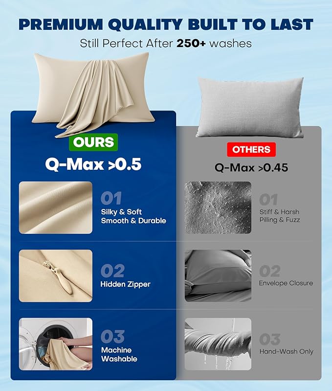 Ultra-Chill Cooling Pillowcase Set of 2 for Hot Sleepers, Softer Than Silk Pillow Cases for Protecting Hair & Skin, Breathable Bed Pillow Covers w/Zipper, Gifts for Women & Men(Beige, King)