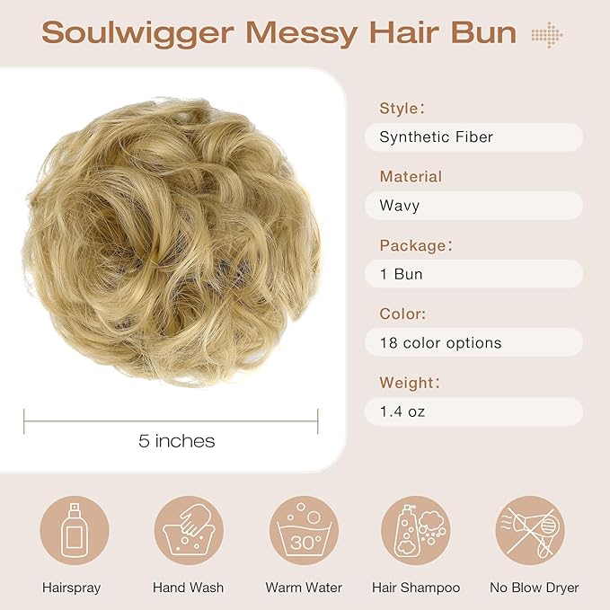 Messy Bun Hair Piece Wavy Curly Scrunchies Fluffy Donut Thick Updo Elegant Chignon Hairpieces for Women Girls, Ash Blonde 1.4oz