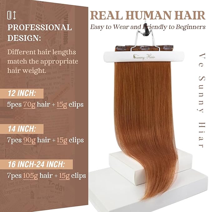 Ve Sunny Clip in Hair Extensions Real Human Hair Ginger Copper Real Hair Extensions Clip in Human Hair Double Weft Remy Hair Extensions for Women 5pcs 12 inch 80g