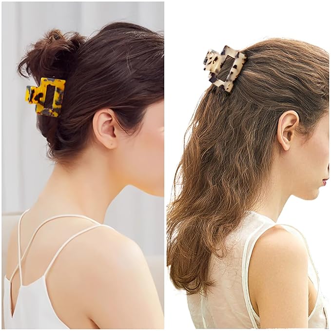 2Pcs Small Medium Hair Claw Clips for Women Tortoise Shell Rectangle Claw Hair Clips for Thin Fine Medium Thick Hair Non Slip