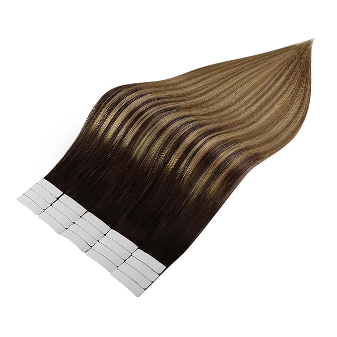 Full Shine Balayage Tape In Extensions Human Hair 12 Inch Hair Extensions Tape In Color 2 Brown Ombre 8 Ash Brown And 27 Blonde Seamless 20 Pcs Silky Hair Add Volume 30 Gram