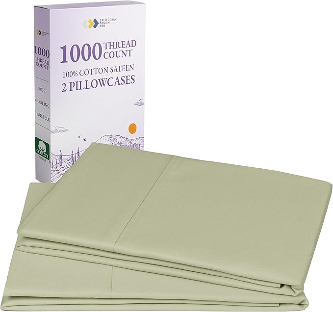 California Design Den Standard/Queen Size Pillow Cases Set of 2-1000 Thread Count Sateen, Soft & Thick 100% Cotton Pillow Cases Standard Size, Durable - Sage Green