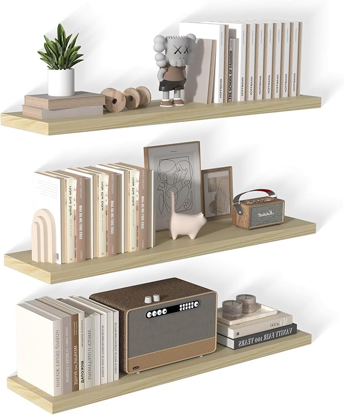 48 Inch Floating Shelf 3 Pack Large Floating Shelves for Wall No Drilling Accessories Included Deep Wall Shelves for Living Room Kitchen Farmhouse 48" W x 12" D x 1.2" Oak