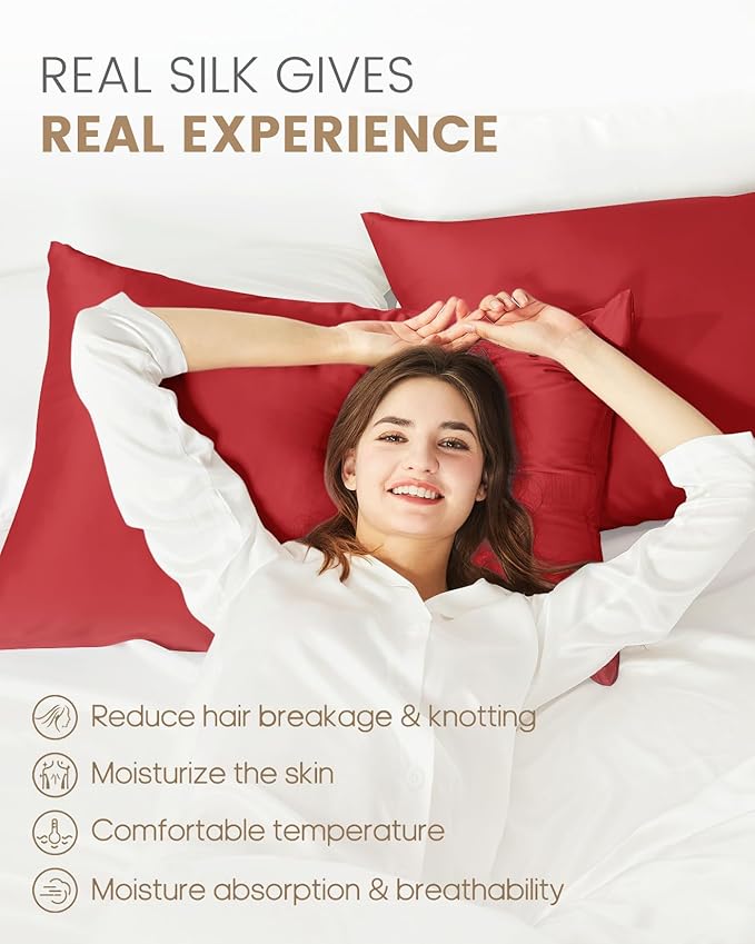 THXSILK Set of 2 100% Silk Pillowcases for Hair and Skin, Both Sides Grade 6A+ Natural Mulberry Silk Pillow Case with Hidden Zipper, Soft and Smooth Pillowcases(Red, Queen Size 20"x30")