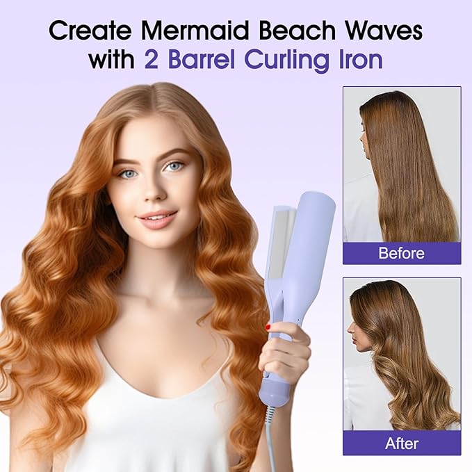 Beach Wave Curling Iron Deep Waver Hair Tool, Mermaid Hair Waver for Women Crimper, Anti-Scald, Dual Voltage, 1.4 Inch Ceramic Double Barrel Wavy Curling Iron, Purple