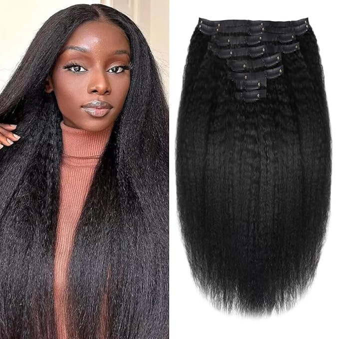 Seamless Clip In Hair Extensions Human Hair Kinky Straight 22inch 120g 8pcs Seamless Clip Ins For Black Women Real Human Hair Extensions Full Head kinky clip ins Invisible Pu Skin Weft Natural Black
