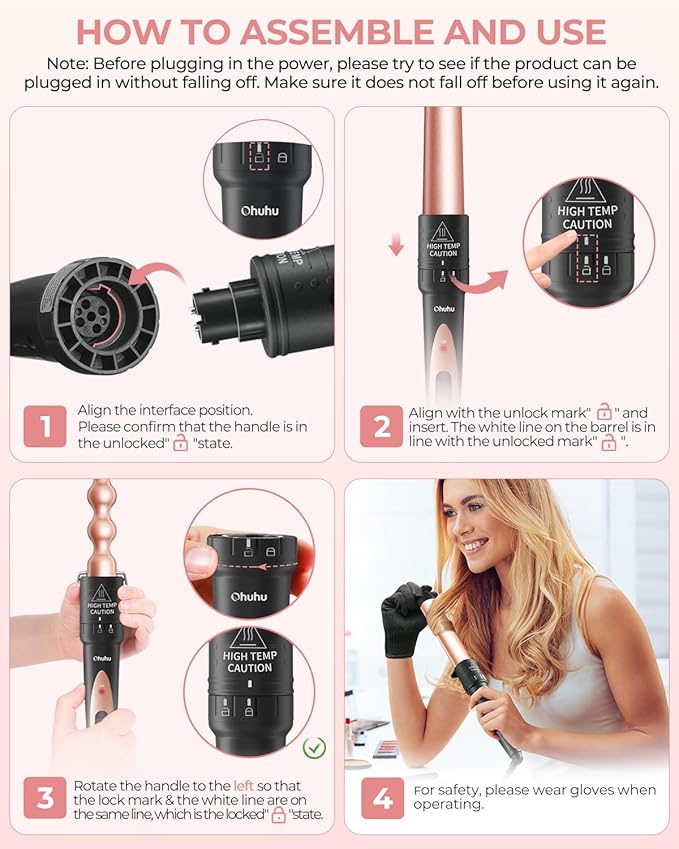 7 in 1 Curling Wand Set: Ohuhu Curling Iron Wand 7Pcs 0.35 to 1.25 Inch Interchangeable Ceramic Barrel Heat Protective Glove 2 Clips Dual Voltage Hair Curler Girl Women Mother Christmas Gift Rose Gold