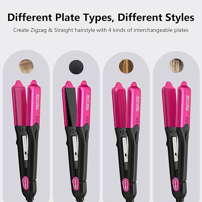 Terviiix Crimper Hair Iron with 4 Interchangeable Plates, Keratin & Argan Oil Infused Hair Crimper for Women, Volumizing Crimping Iron for Thin Fine Hair, 5 Heat Settings & 60 Mins Auto Off, Pink