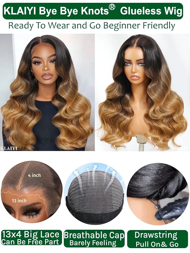 KLAIYI Ombre Highlight Blonde Loose Wave Pre Everything Glueless 13x4 Lace Front Wigs Human Hair Drawstring Balayage Brown Pre Cut Pre Plucked Bleached Ready to Wear and Go Wig with Dark Roots 26Inch