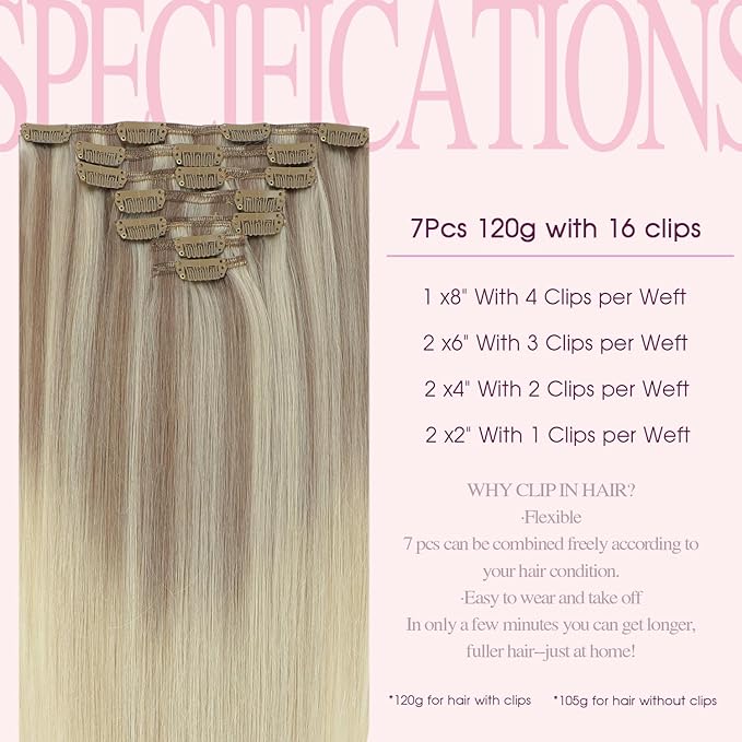 PINKPEARL Clip in Hair Extensions Straight Human Hair #18/22/60 Balayage Ash Blonde to Golden Blonde and Platinum Blonde 7pcs 120g 16 Inch Real Hair Clip in Extensions(#18/22/60-16)