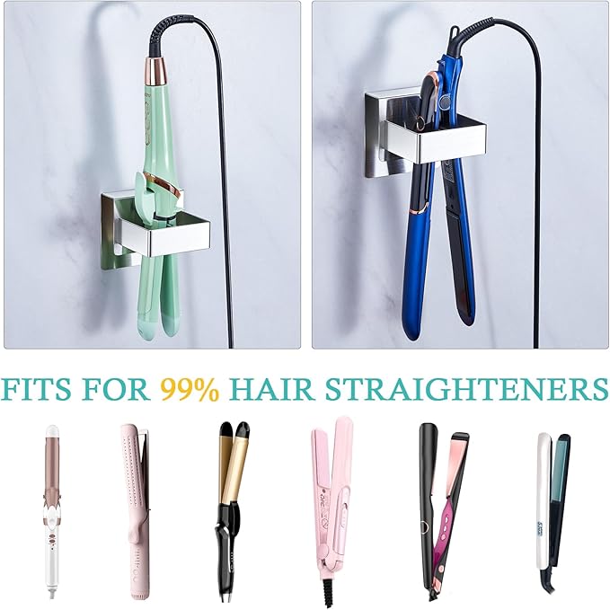 Straighteners Holder Wall Mounted Curling Iron Holder Metal Hair Dryer Holder for Curling Wands Accessories Adhesive Hair Tool Organizer Flat Iron Holder for Bathroom Barber Shops Vanity (Sliver)