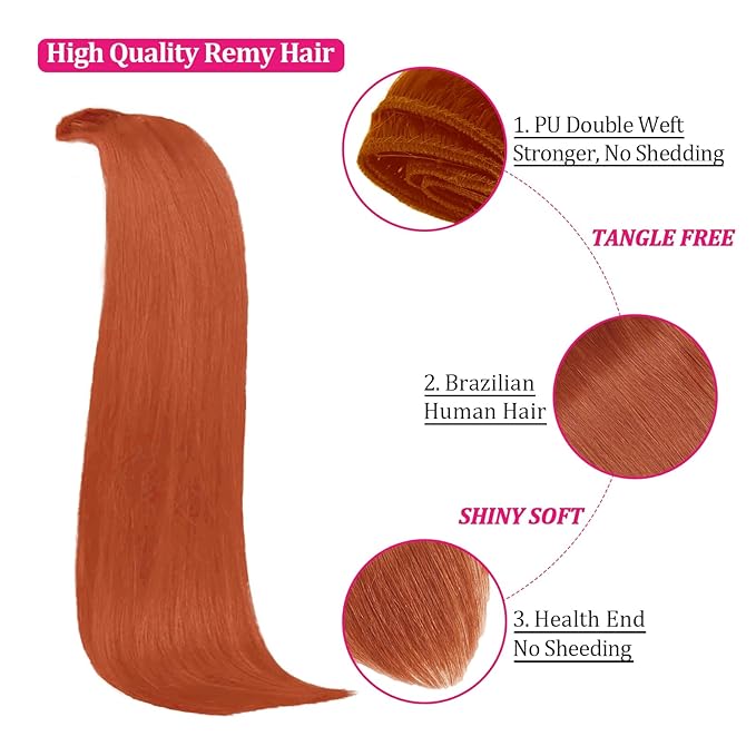 20 Inch 120g Copper Clip in Hair Extensions Real Human Hair, 8pcs Double Weft Hair Extensions Smooth Human Hair Kinky Straight Clip ins for Women Easy Application