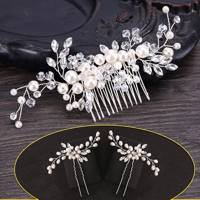 3PC Clysburtuony Bridal Hair Accessories for Women: Flower Side Hair Clips, Pearl Headpiece, Hair Pins (White Combs)