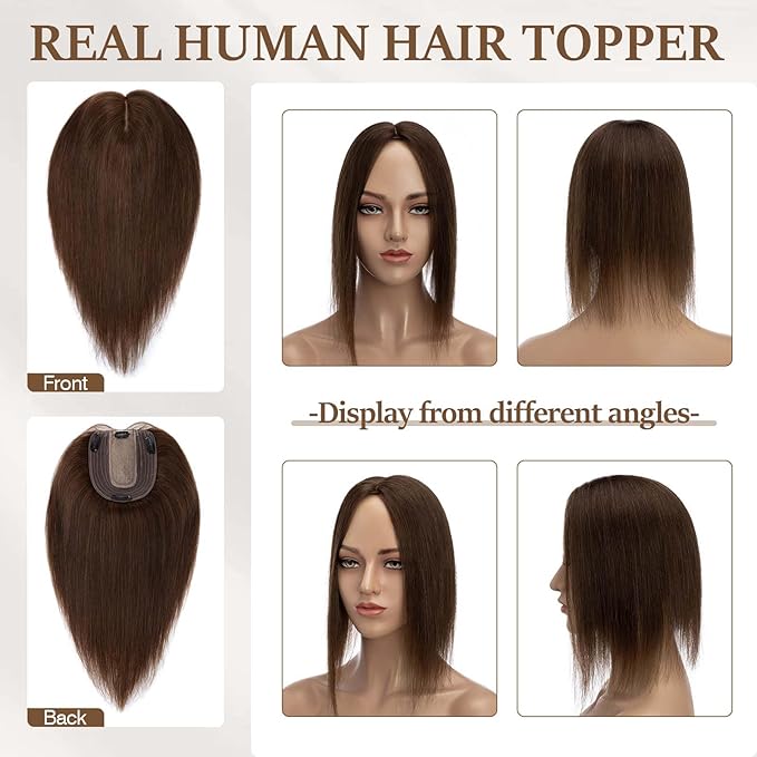 Rich Choices Hair Toppers for Women Real Human Hair 100% Human Remy Toppers NO Bangs for Women with Thinning on Top Clip in Hairpiece 4"x4.7"Lace Base 8 Inch #4 Medium Brown