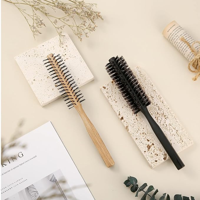Geiserailie 2 Pieces Thick Round Hair Comb Bristle Blow Drying Hairbrush Small Brush Short Hair Massage Comb Head Massage Round Brush Roll Hairbrush for Wet or Dry(Black, Wood Color)
