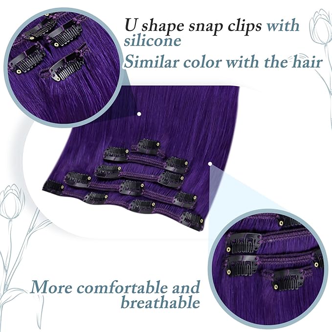 RUNATURE Purple Clip in Hair Extensions Human Hair 18 Inch 70g Full Head Colored Purple Hair Extensions Clip Ins for Women Real Remy Hair Double Weft Fashion Color