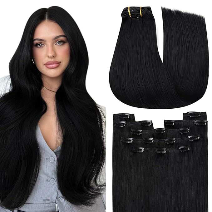 YoungSee 135G Clip in Human Hair Extensions Straight Hair Extensions Clip ins Jet Black Clip on Human Hair Extension Real Human Hair for Full Head 18Inch 7Pcs