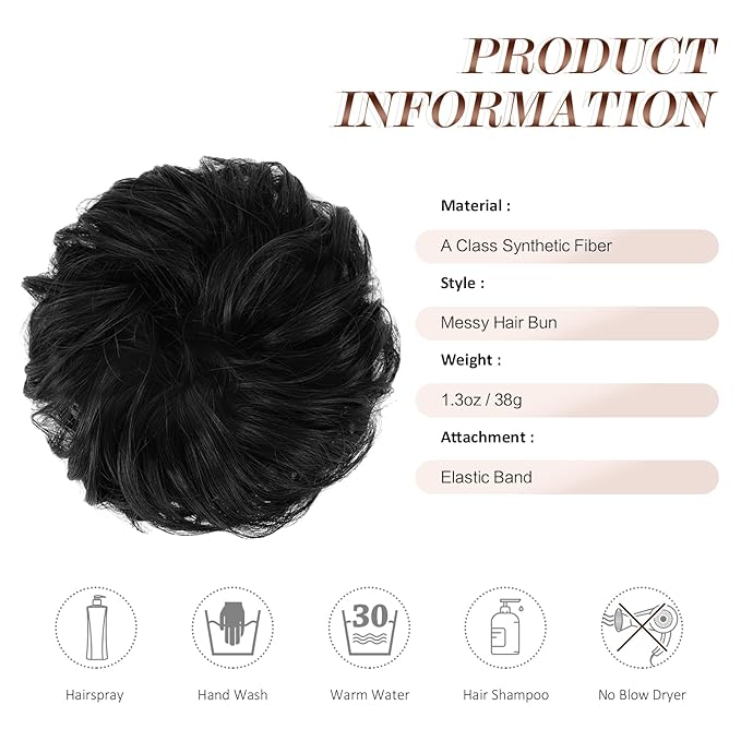 FESHFEN Messy Bun Hair Piece - Elastic Wavy Curly Hair Bun Scrunchies Extensions Synthetic Chignon Hairpieces for Women Girls, Off Black 1.5 oz