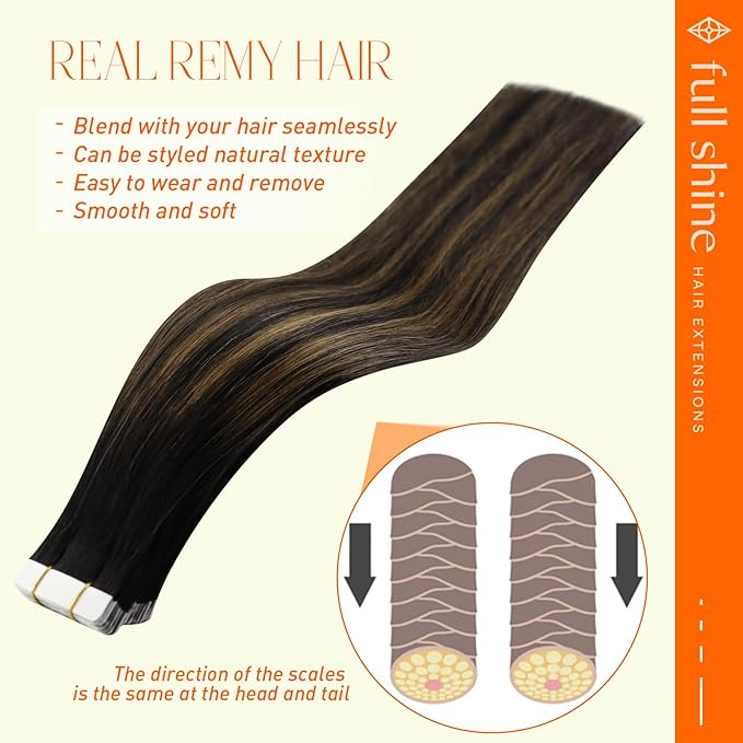 Full Shine Tape in Hair Extensions 1B Balck Fading to 6 Brown and 1B Black Straight Hair Extensions Tape in Human Hair Seamless Skin Weft 20 Pcs 50 Gram Invisible 16 Inch for Wedding