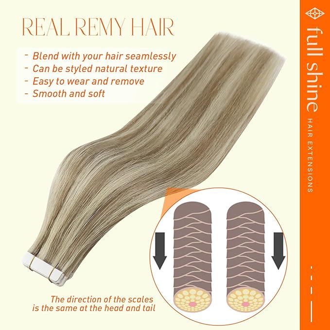 Full Shine Tape in Hair Extensions Color 16/22 Golden Blonde and Medium Blonde Seamless Tape in Hair Extensions Human Hair 22 Inch Highlighted Remy Hair Extensions Tape in 50Gram 20Pcs