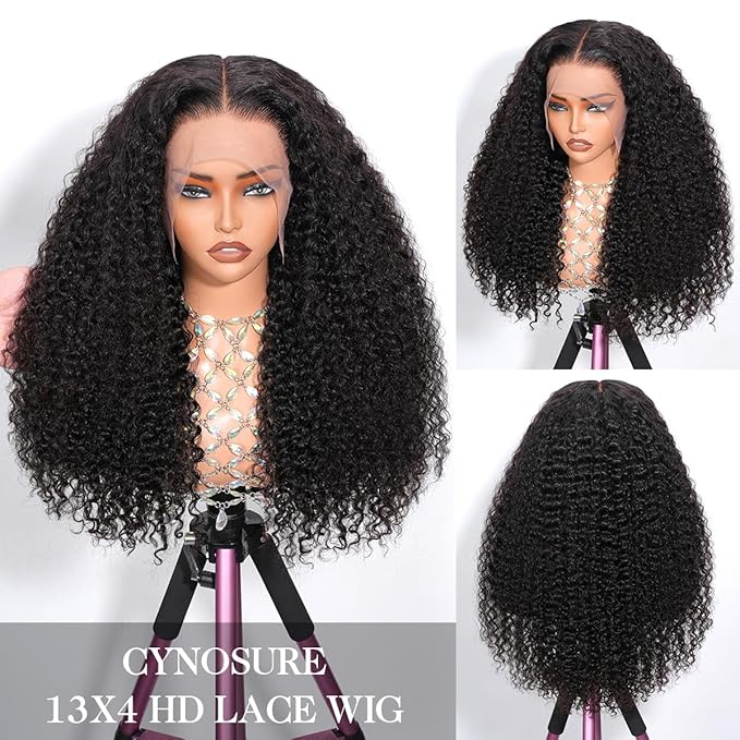 CYNOSURE 13x4 Lace Front Wigs Human Hair Pre Plucked 180% Density Brazilian Kinky Curly Frontal Wig with Baby 9A Natural Black for Women(16, Wigs)