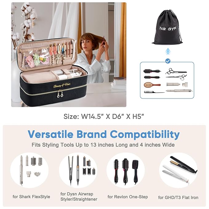 Double-layer Hair Tools Travel Case with Black Hair Dryer Bag with Detachable Divider compatible with Shark FlexStyle/SmoothStyle - Flat Curling Iron Travel Organizer