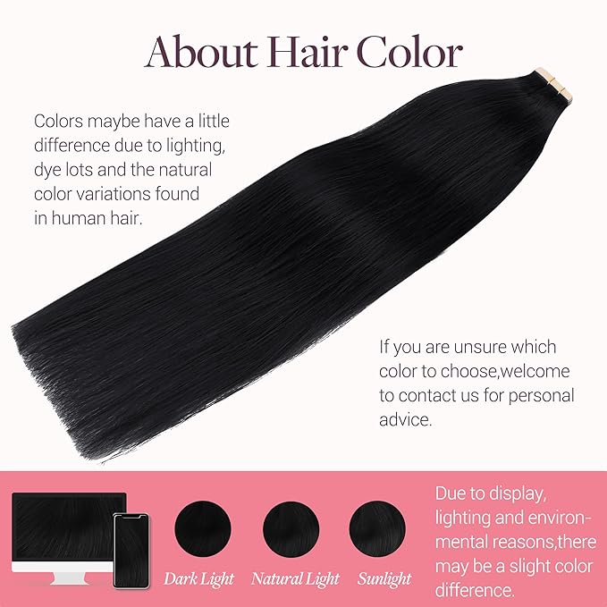 GOO GOO Tape in Hair Extensions Human Hair, 1 Jet black, 14inch 50g 20pcs, Skin Weft Seamless Invisible, Silky Straight with Thick Ends, Remy Human Hair