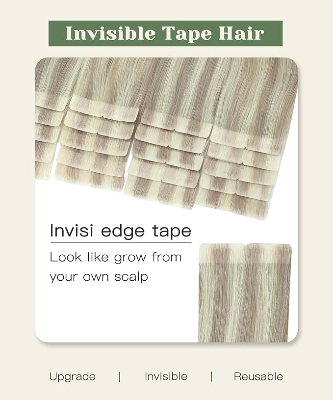 SURNEL Injected Tape in Hair Extensions 20Inch #18P60 Ash Blonde with Platinum Blonde Human Hair Seamless Invisible Tape in Extensions 20 Pcs 45g(#18P60,20)