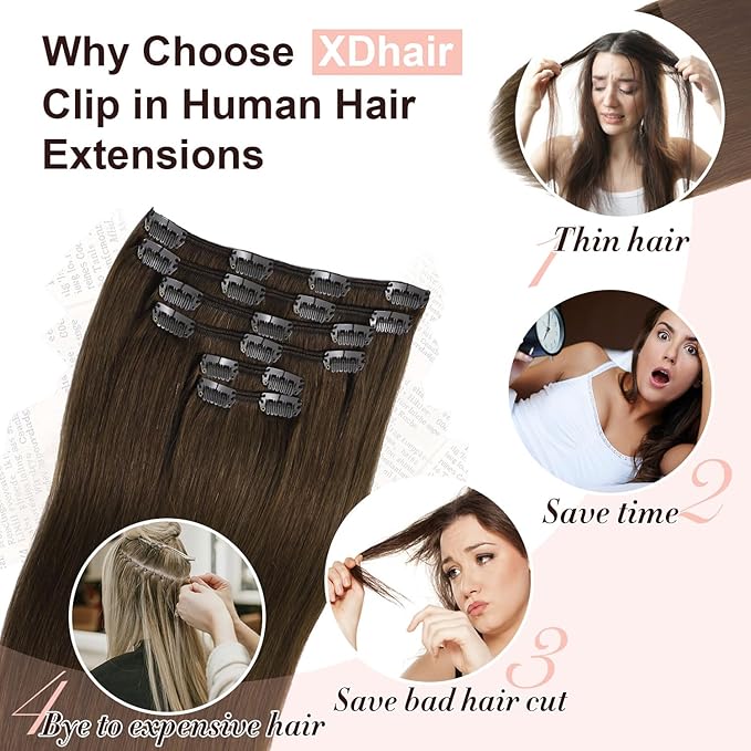 XDhair Clip in Hair Extensions Human Hair 120g 22 Inch 6pcs Medium Brown Real Hair Extensions Clip ins, Straight Real Human Hair Extensions for Women #4 22 Inch