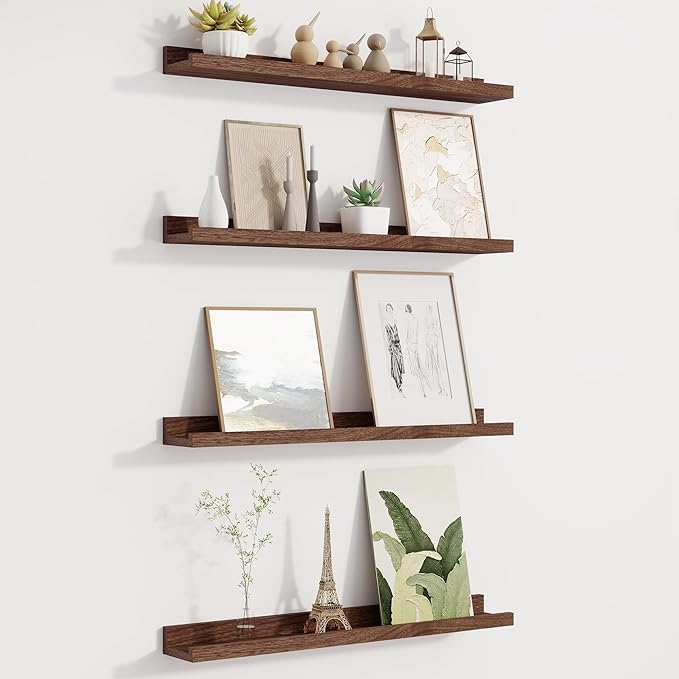 Picture Ledge Shelf for Wall, Floating Shelves Set of 4, 24 Inch Long Nursery Book Shelves for Toys Storage, Kids Bookshelf Wall Mounted for Books Photo Frames, Walnut
