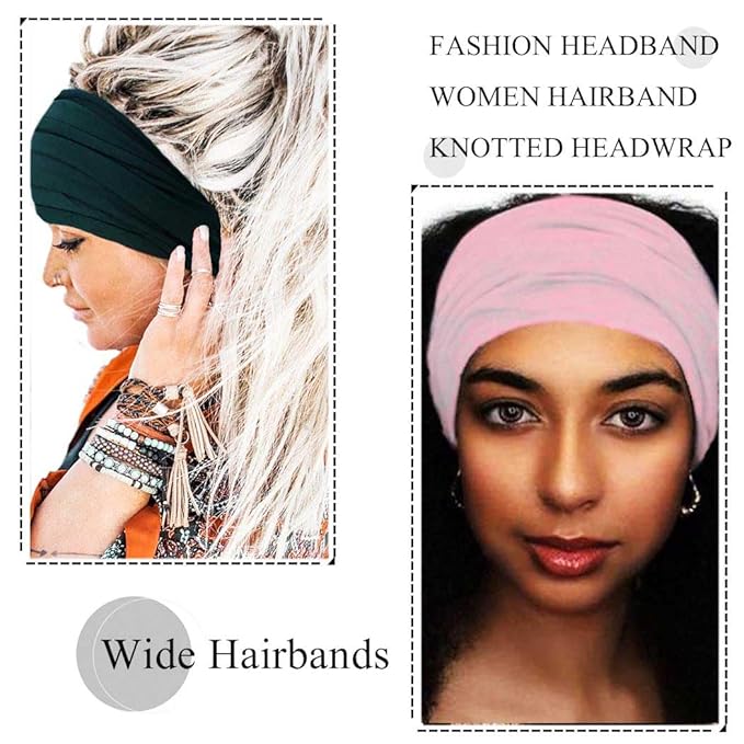 Wide Headbands Stretch Turban Knotted Hairbands Elastic Yoga Workout Sweatband Running Sport Head Scarf Large African Head Wraps for Women 4 Pcs (Set D)
