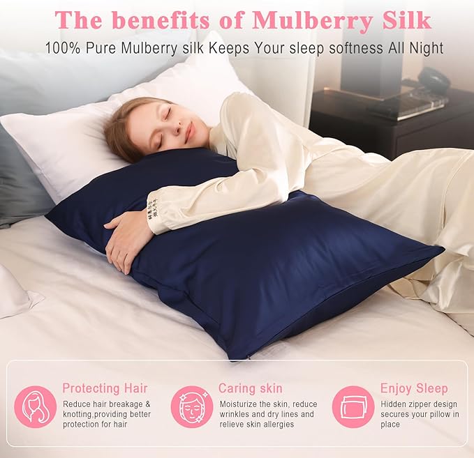 100% Pure Silk Pillowcase 2 Pack for Hair and Skin, Both Sides 23 Momme Grade 6A+ Mulberry Silk Pillowcases with Hidden Zipper, Soft&Smooth Cooling Pillow Cases (Navy Blue, Queen 20x30)