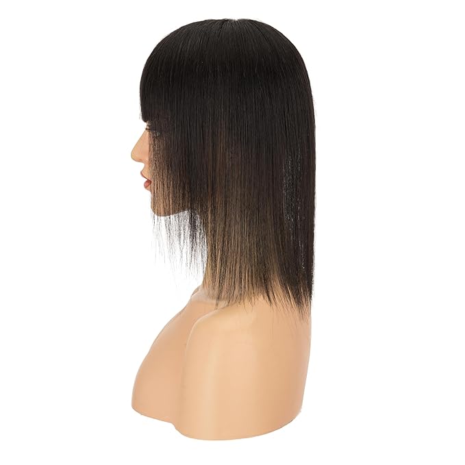 Hairro Human Hair Toppers with Wispy Bangs, 3D 360° Seamless Real Hair Toppers, Hand-Tied with 3.5"x4.7" U-shaped Base, Clip-In Hairpieces to Add Volume on Top, 12 Inch Natural Black
