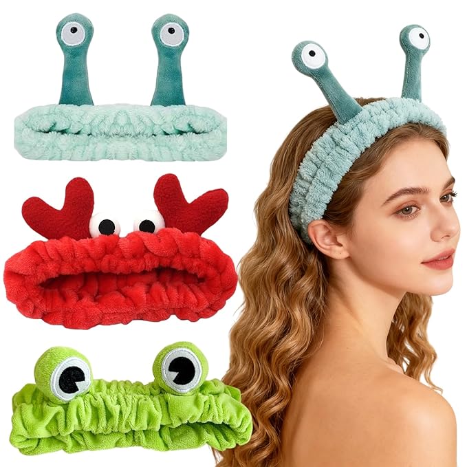 3pcs Spa Headband Cute Hair Band for Washing Face Women Microfiber Makeup Headbands with Snails Frog Crab Designs Coral Fleece Face Wash Facial Head Wraps Hair Lace for Cosmetic Shower