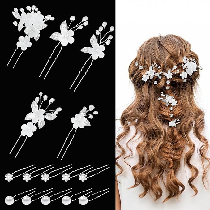 15Pcs Silver Pearl Hair Pins for Wedding Bridal White Flower Hair Pins Decorative, Silver Hairs Accessories Flower Pearl Hairs Clips Gifts for Women, Bridesmaid, Bridal, SilverB