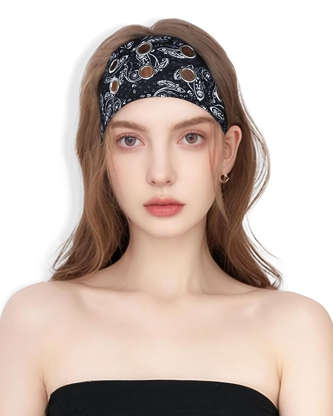 Grommet Headband for Women, Black Paisley 23cm Hollow Out Elastic Hair Band, Eyelets Punk Grunge Stylish Hairband