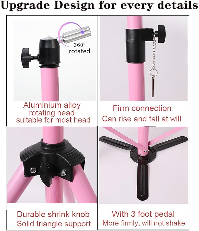 Reinforced Wig Stand Tripod 55" Heavy Duty Adjustable Mannequin Head Stand Tripod for Styling Cosmetology Hairdressing Training, Pink Wig Head Stand Sets with Wig Caps,Comb,Hair Clips, T-Pins,Headband