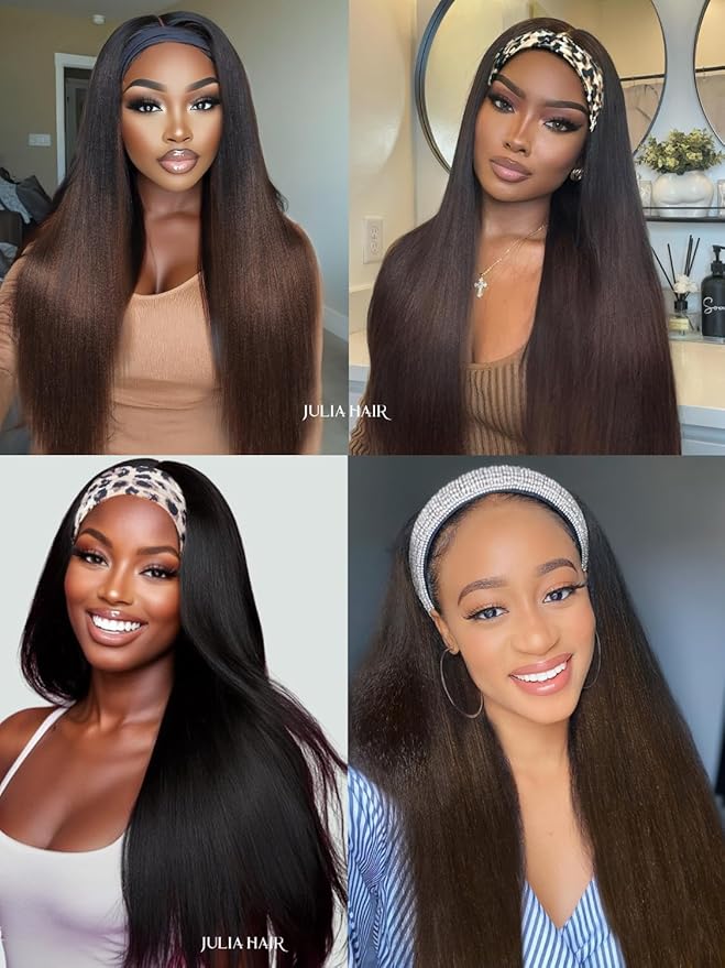 Julia Hair 12A Headband Wig Human Hair Yaki Straight Glueless None Lace Half Wig With Pre-attached Scarf Ombre Chestnut Brown Highlight With Dark Roots for Black Women Put on and Go 20 Inch