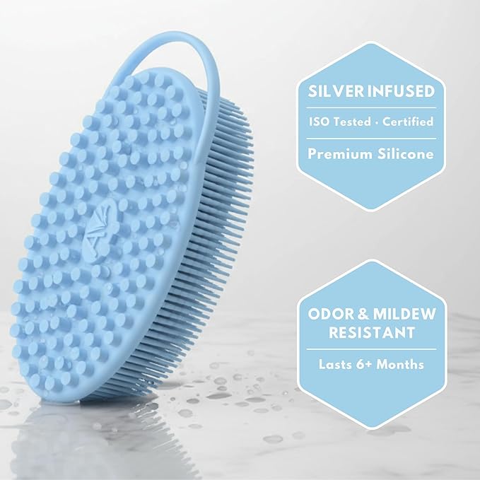 Silver Infused Silicone Body Scrubber Shower - Gentle Back Scrubber Soft Bristles - Avilana Premium Dual Sided Bath Brush Massage - Advanced Material Loofah Alternative - Gift Women Men