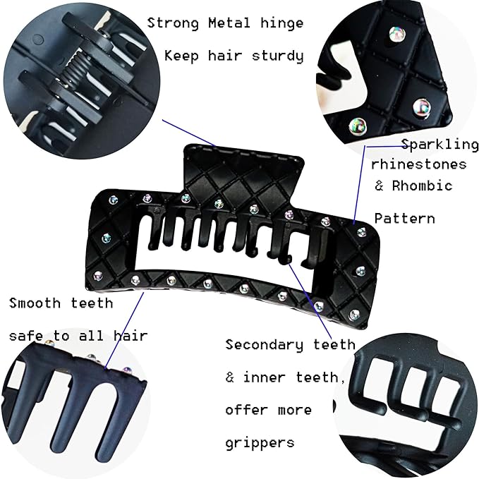 Bling bling Rhinestones Square Hair Clips Double Row Teeth,2 Rows Teeth Rectangle Hair Claw Clips with Shiny Rhinestones,Women Girls Sparkly Thick Hair Accessories Set(cream grey black)